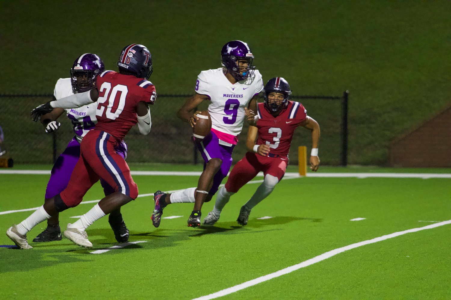 Josh Johnson tries to step up in the pocket during Thursday's game between Tompkins and Morton Ranch at Rhodes Stadium.
